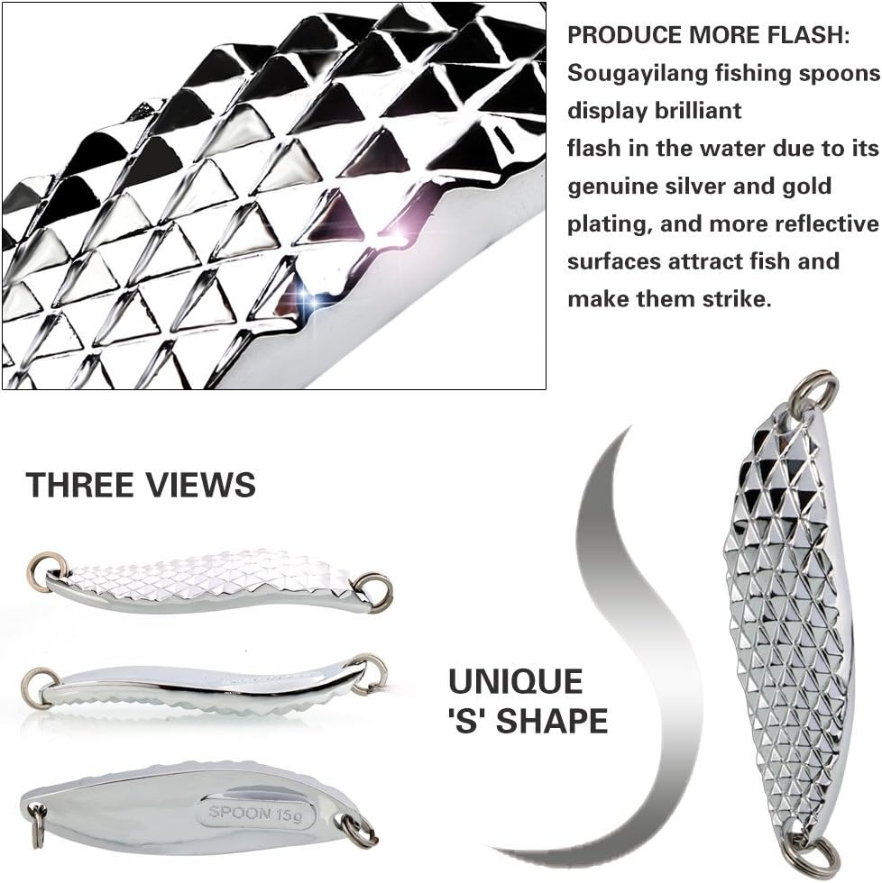 Sougayilang Fishing Spoons Hard Fishing Lures Treble Hooks Salmon Bass Metal Fishing Lure Baits 1/2 OZ