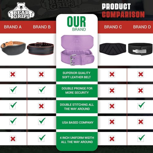 Bear Grips Weight Lifting Belt 7mm Weightlifting Belt Padded Gym Belt Double Prong Squat Belt Leather Workout Belt Powerlifting Deadlift Belt Back Support Exercise Belt Training Cinturon Purple Large