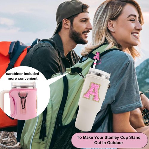 XSUIOY Initial Water Bottle Carrier with Strap for Stanley 40 oz Tumbler,Personalized Cup Holder with 2 Straw Topper Cover&2 Letter Charm for Stanley Cup Accessories(pinkH)