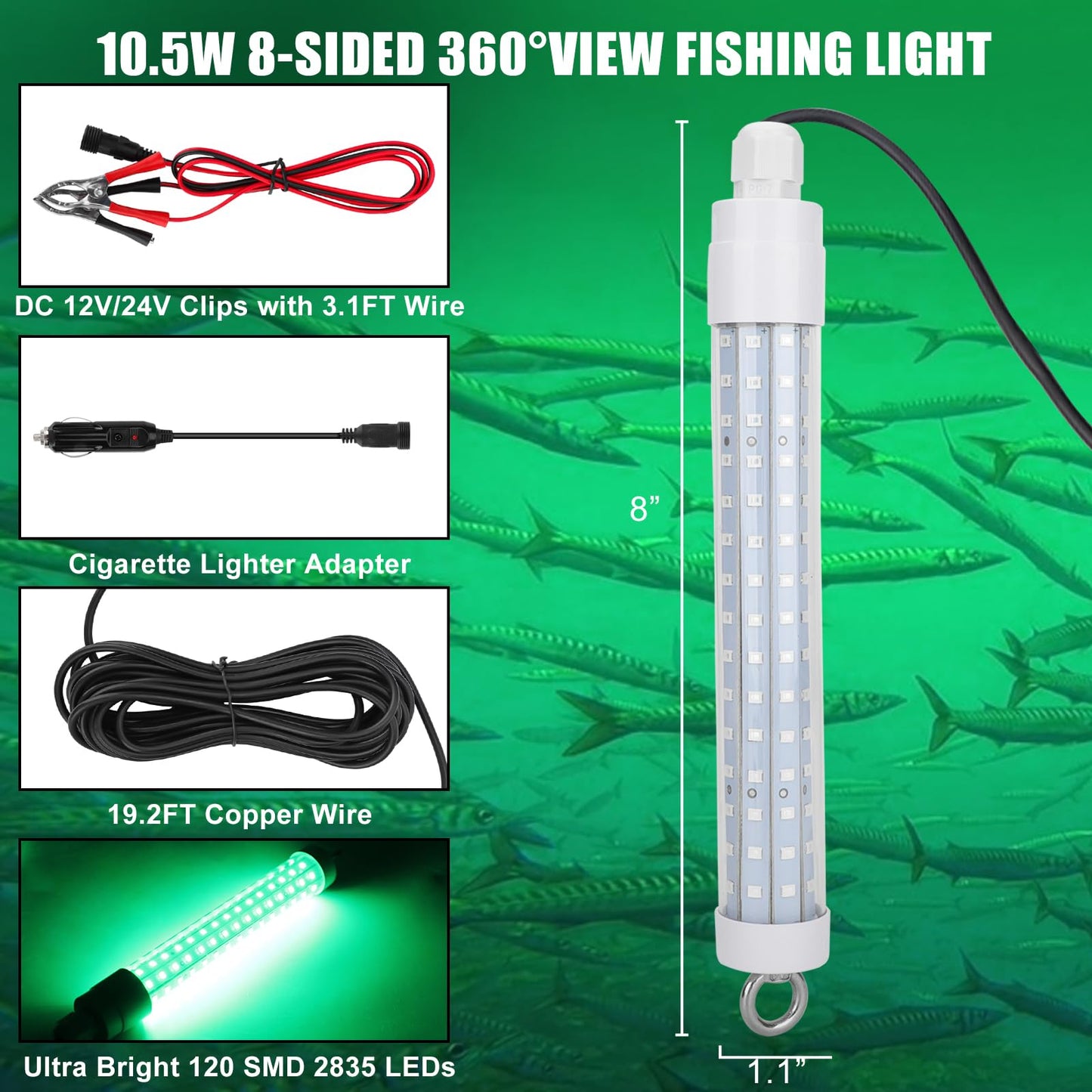 120 2835 SMD LED Underwater Fishing Light，8" 10.5W DC 12V 1000ML Green Night Fishing Finder Attractor, IP68 Submersible Boat Lamp for Lure Bait Snook Crappie, 22.3ft Cord Wire &Cigarette Adapter Wire