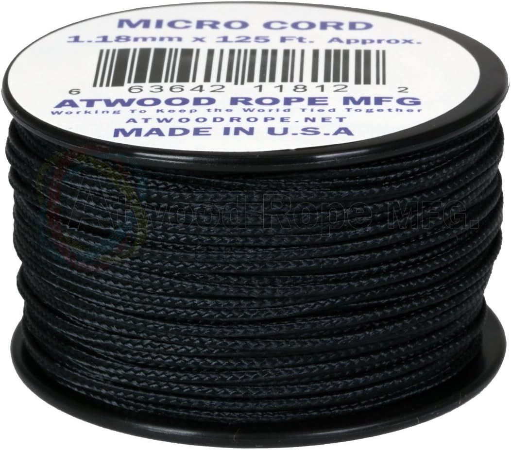 Micro Cord 1.18mm x 125' - Atwood Rope MFG Black Paracord for Camping & Outdoor Use