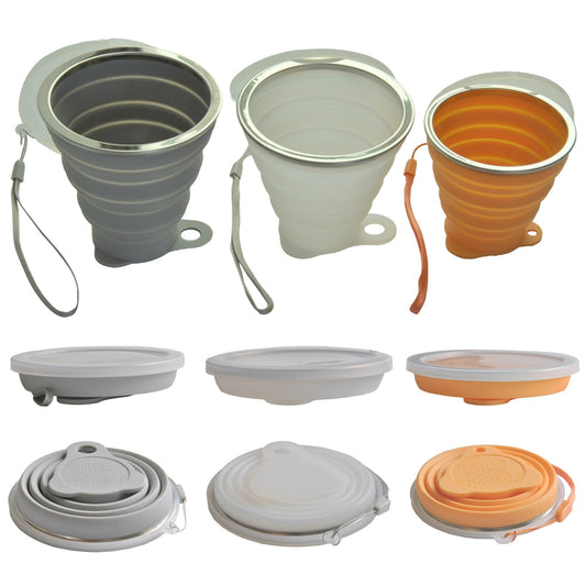 Geolinhome Collapsible Camping Cups – Silicone Portable Drinking Cups with Watertight Lids, Reusable for Indoors and Outdoors, 3 Pack (10.82, 9.13, 6.09 fl oz), Multi-Color (grey, clear, orange)