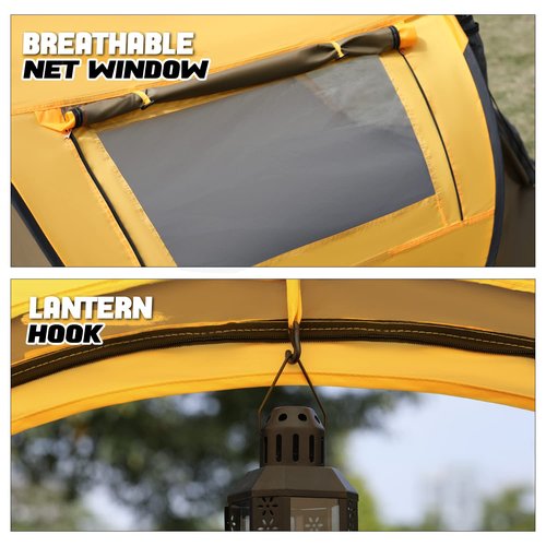 MoNiBloom Tent for Camping 3 Person Outdoor Pop Up Easy Set Up Automatic Family Travel Weatherproof Tent, 2 Doors and Side Windows Instant Easy Popup Beach Tent with Carry Bag, Earth Yellow