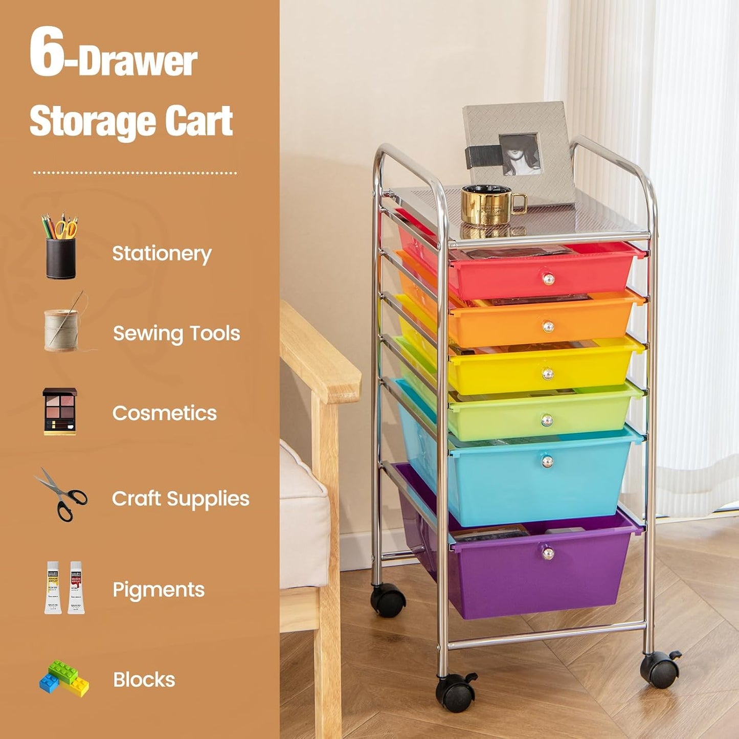 RELAX4LIFE 6-Drawer Rolling Storage Cart - Classroom Organization on Wheels w/Removable Plastic Drawers, Mobile Art Craft Cart for School Paper Home Office, Utility Cart with Drawers (Macaron)