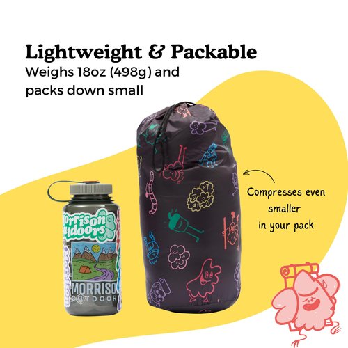 Big Mo 40° Kids Sleeping Bag (Ages 18-36m). The Coziest, Funnest Camping Sleeping Bag for Kids with Adjustable Cuffs. (Black Rainbow)