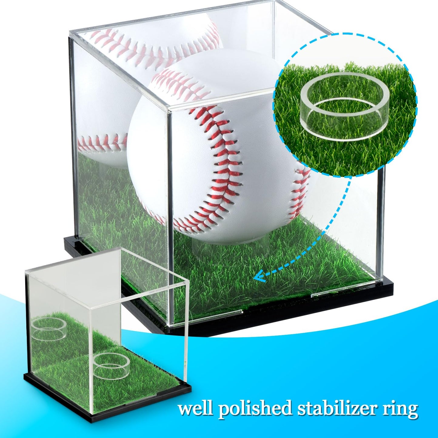 Acrylic Baseball Display Case, UV Protected Clear Display Box with Mirror and Turf Stand-Black(1PC)