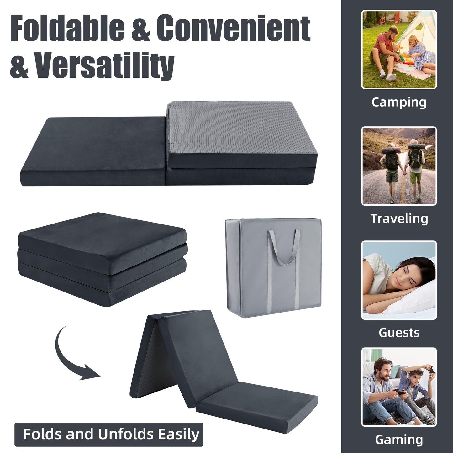 HOMBYS Tri Folding Memory Foam Camping Mattress for Outdoor Sleeping, Portable Waterproof Camping Pad Mat for Travel Truck Bed Tent,72" L x 24" W, Grey