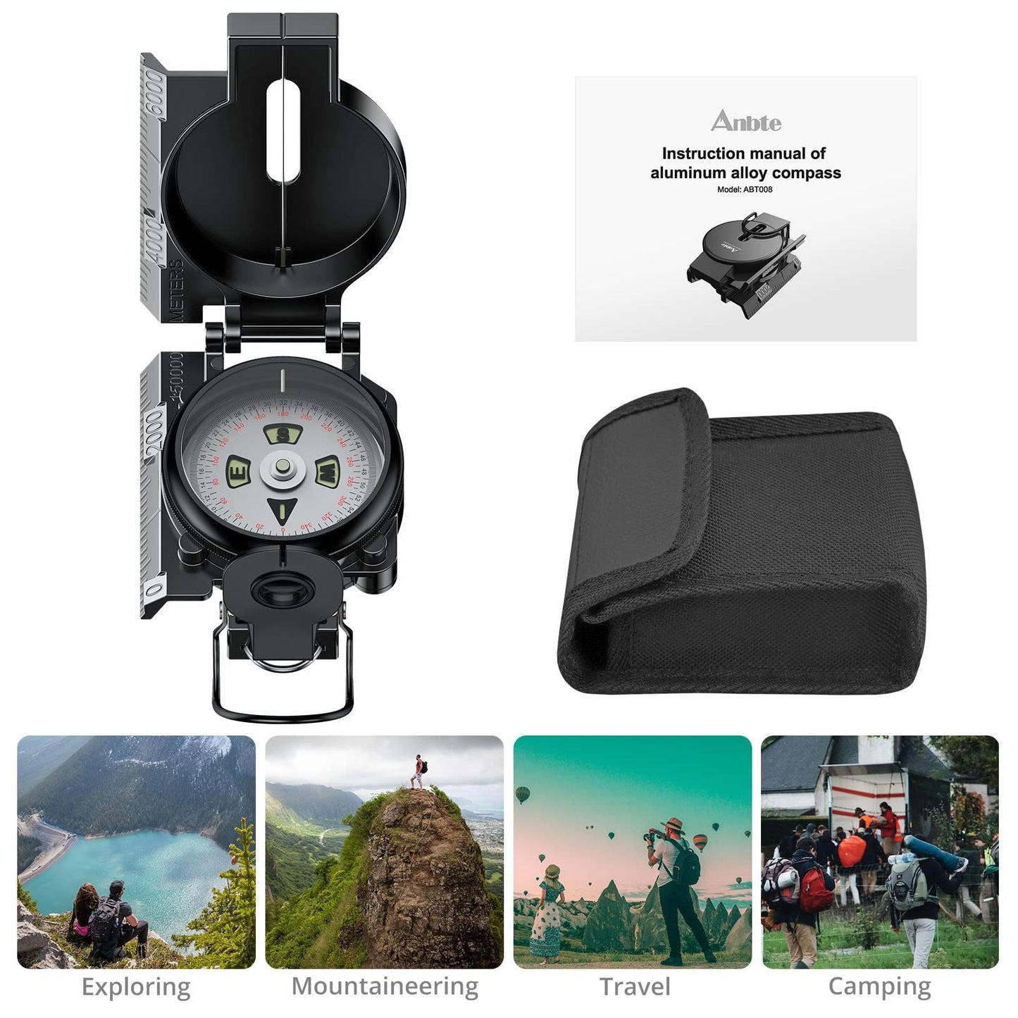 Anbte Hiking Compass with Clinometer, Strong Magnetic Intensity 3000 Gauss Professional Military Lensatic Compass Waterproof Hand Held Portable for Navigation Survival Backpacking Camping