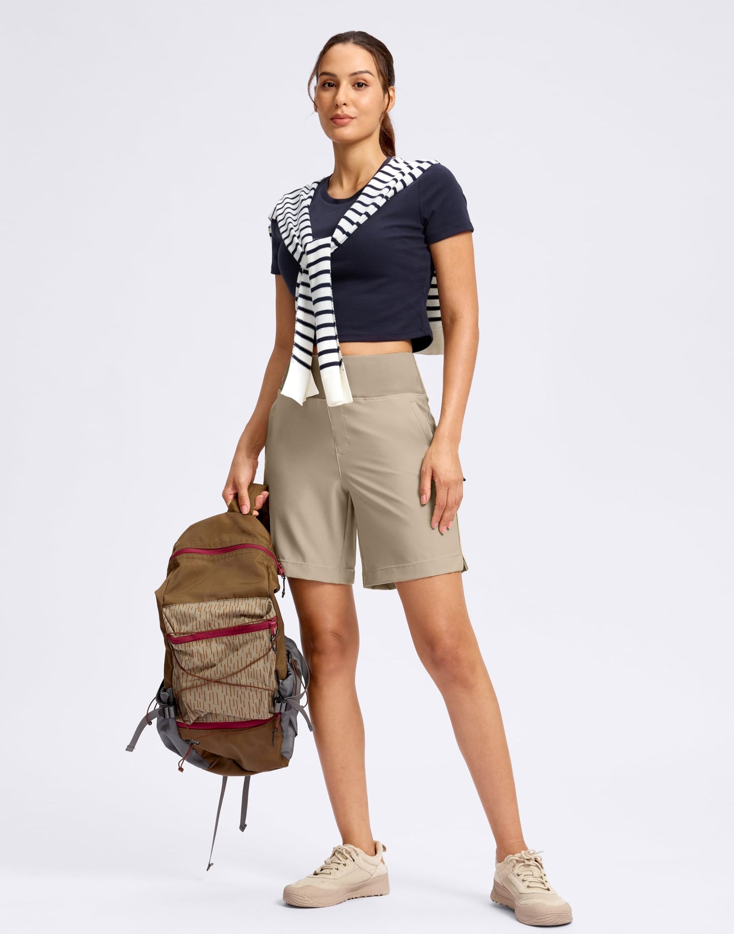 SANTINY Women's 5''/ 7''Hiking Shorts with 3 Zipper Pockets Lightweight Quick Dry Golf Shorts for Women Athletic Walking (Light Khaki_7-M)