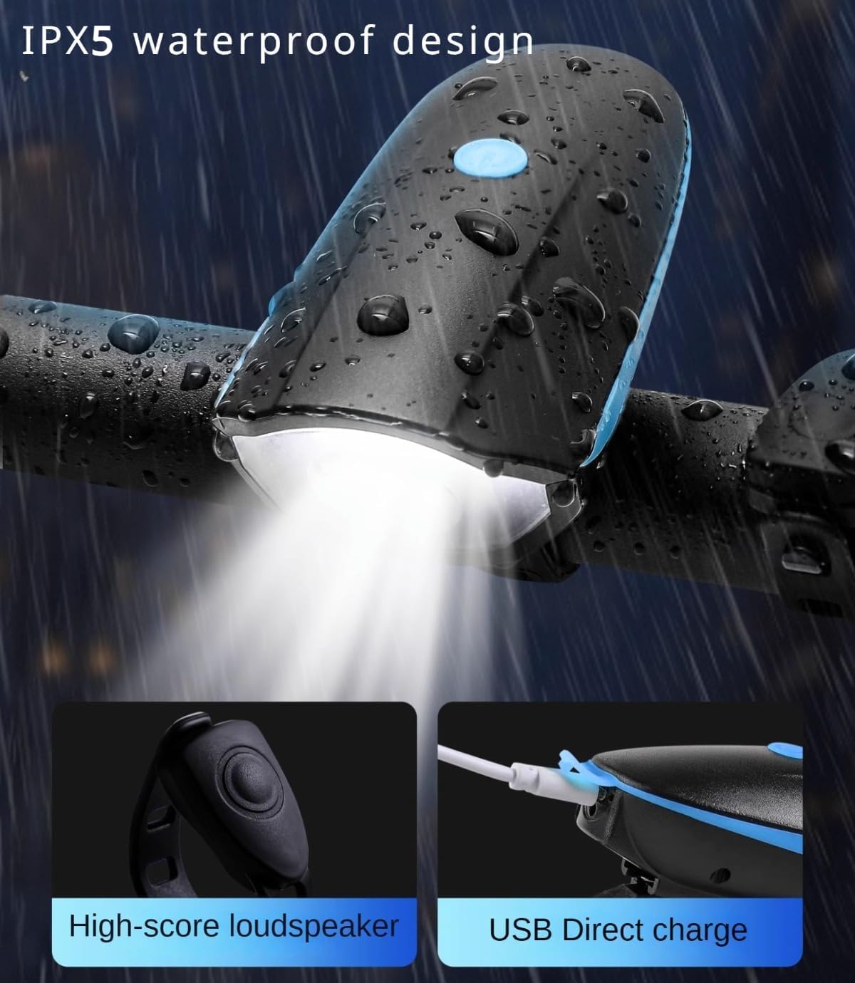 Bicycle Light and Bell Set High Lumens Bike Headlight with Horn USB Rechargeable and Waterproof (Blue)