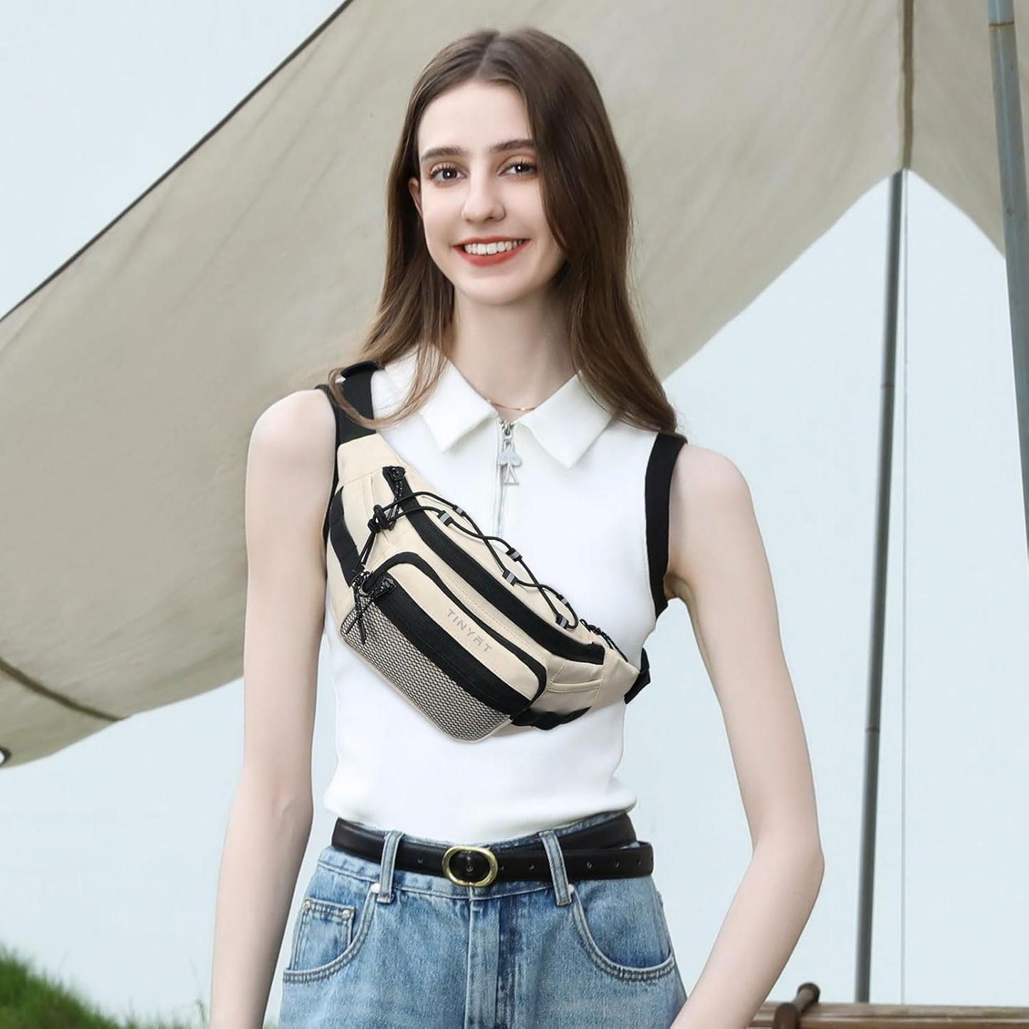 TINYAT Large Fanny Pack Travel Waist Bag Lightweight for Men&Women with Adjustable Strap T206 Blue