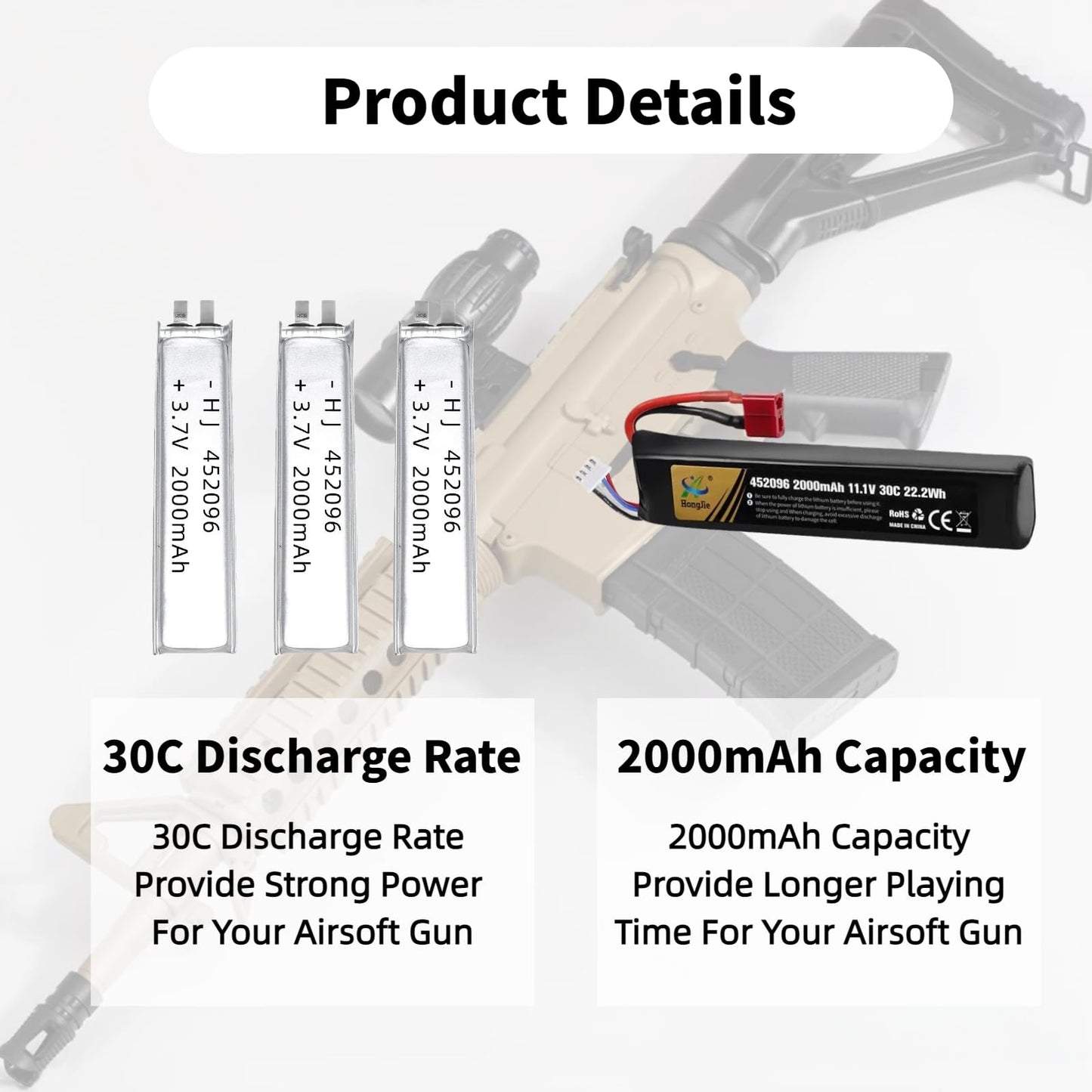 Itexkun 11.1V Airsoft Battery 2000mAh 30C Rechargeable Li-Po T Plug 452096 for Most Airsoft Model Guns Gel Water Bead Blaster with USB Cable (3S 452096)
