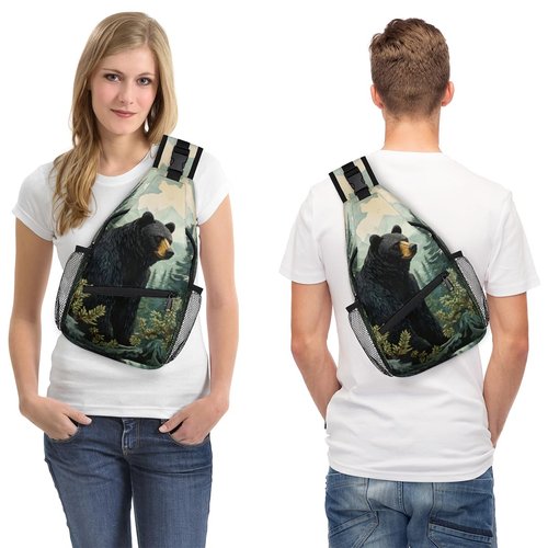 TropicalLife Black Bear Forest Animals Sling Backpack Women Men Crossbody Sling Bag Small Shoulder Chest Bag Daypack Fanny Pack for Travel Hiking Sport