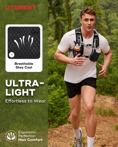 UTOBEST Running Vest, 5L Hydration Vest Lightweight, Running Backpack with 1.5L Water Bladder, Adjustable Running Hydration Vest for Trail Running Marathon Race Jogging Cycling Black