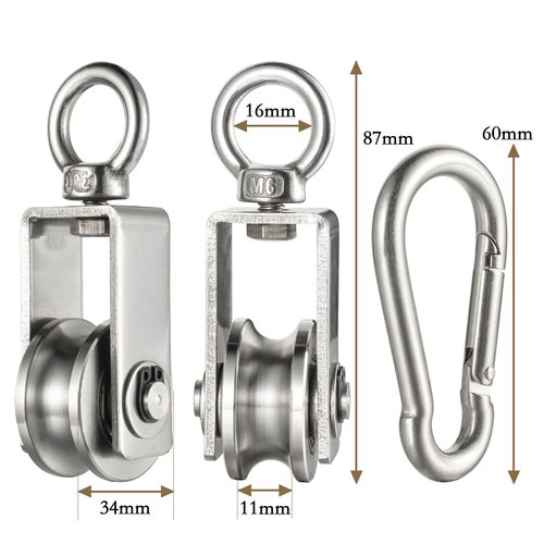 Cable Pulley Wheel for Rope with Carabiner,Ball Bearings, Smooth No Noise, 360° Swivel Small Wire Pulley for Pulley System Lifting, DIY Home Gym, Winch, 1 Pack