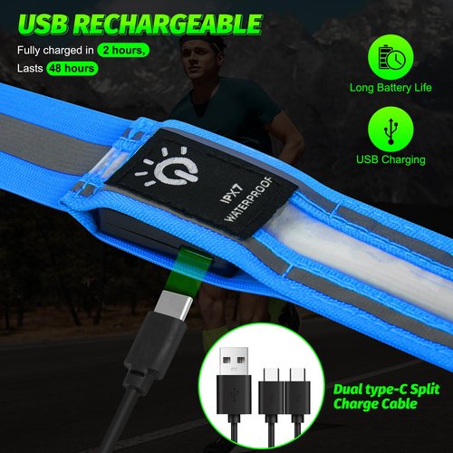 LED Running Gear High Visibility Reflective Belt Sash, Adjustable Night Walking Safety Gear, Rechargeable Light Up Running Reflective Belt for Runners Walkers Men Women(Blue)