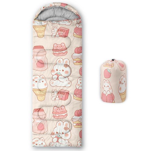 QOOMO Rabbit Strawberry Printed Camping Sleeping Bags,3 Season Warm & Cool Weather,Lightweight,Waterproof Sleeping Bags for Adults & Kids,Traveling,and Outdoors,Camping Gear Equipment,31x90inch