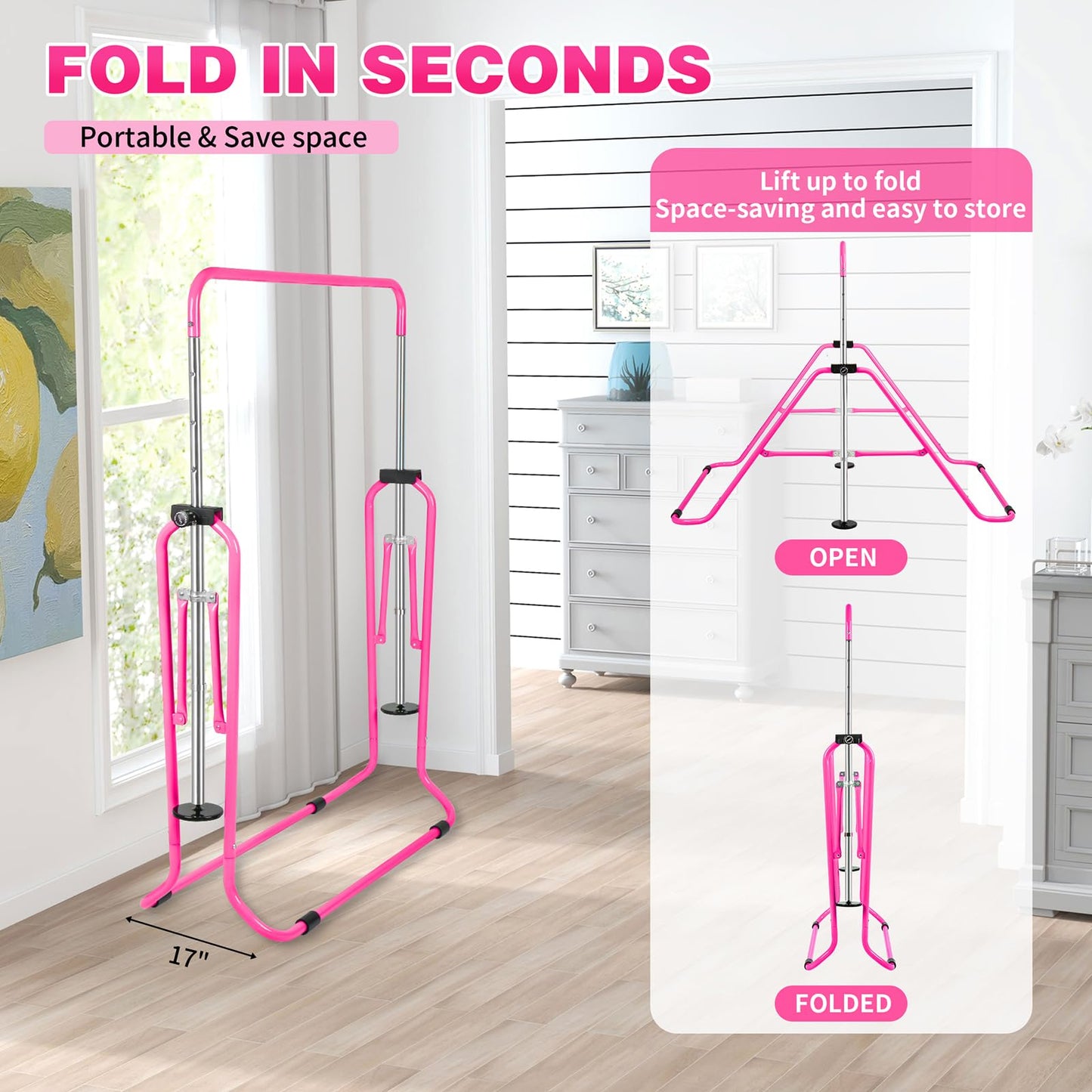Bighaki808 Gymnastics Bars Kids Training Bars for Home, Folding Horizontal Bars with Adjustable Height Expandable Gymnastics Equipment Junior Kip Bar for Girls & Boys (Pink)