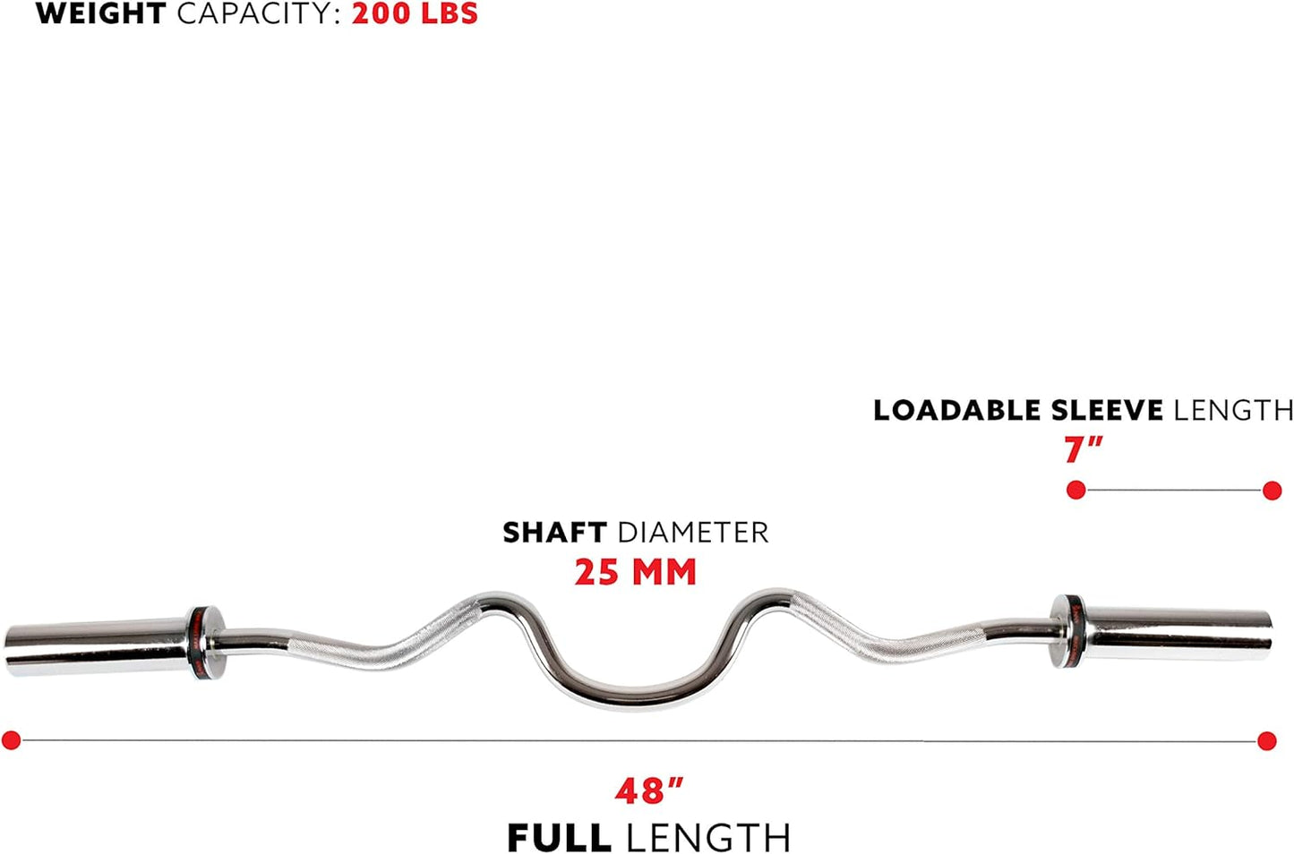 Sunny Health & Fitness 48" Olympic Super Curl Bar with Ring Collars Strength Training Bar for Traps, Deadlifts, Squats and More - OB-48