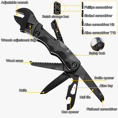 Multitool Wrench, Adjustable Wrench with Flathead Phillips Screwdriver, Nail File, Bottle Can Opener, Screwdriver reservoir, Multifunctional Purpose Stainless Steel Tool (black)
