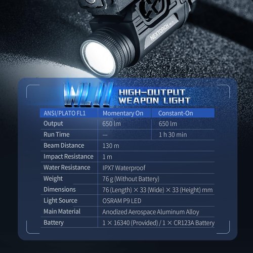 NEXTORCH WL11 650 Lumen Ambidextrous Rechargeable Weapon Light with Momentary and Constant-on for Compact and Full-Size Pistols
