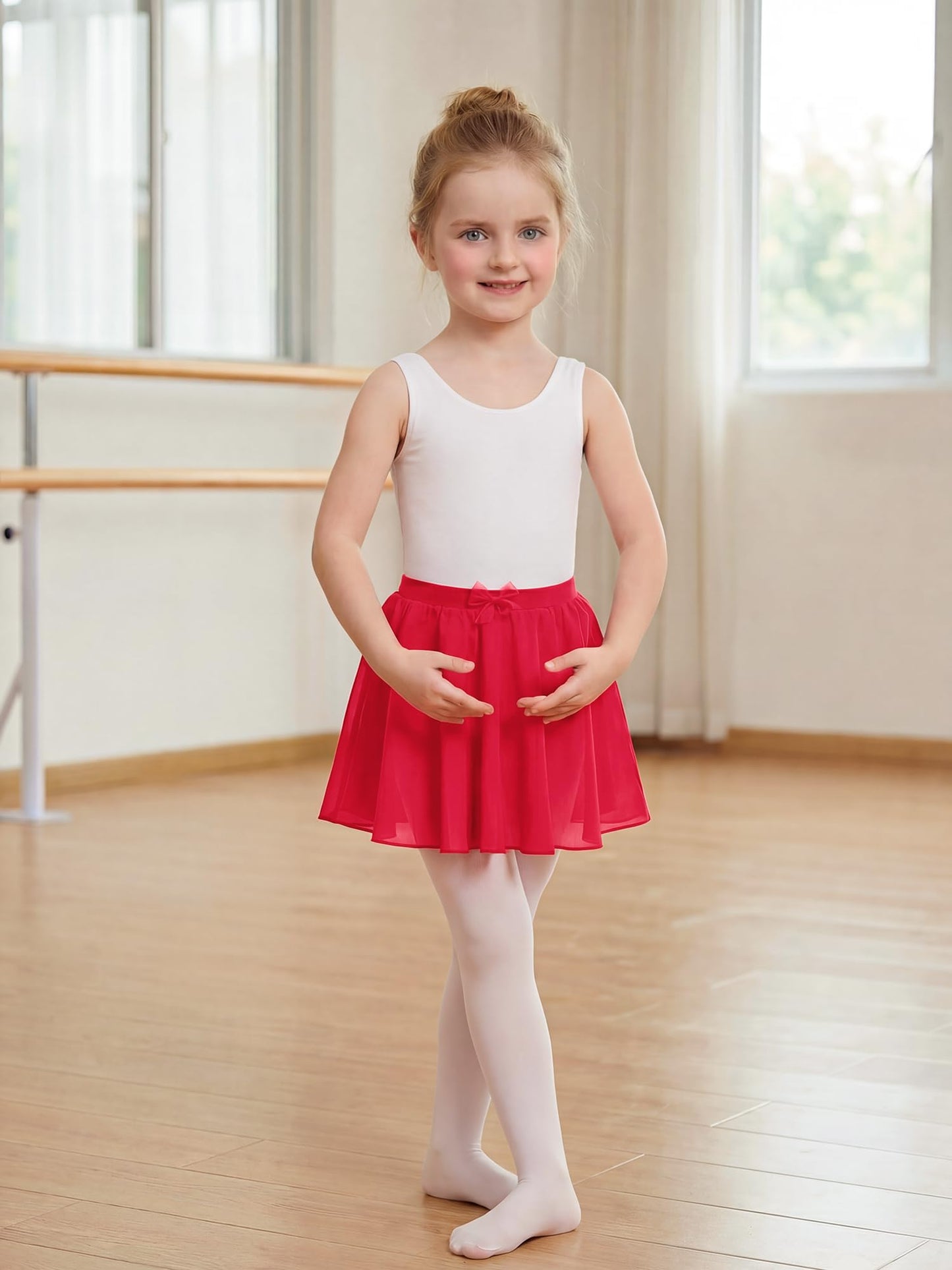 Stelle Girls Ballet Skirt, Chiffon Dance Skirt for Girls with Mesh Bowknot, Elastic Waist Pull-on Skirts for Ballet (Red,6-7Years)