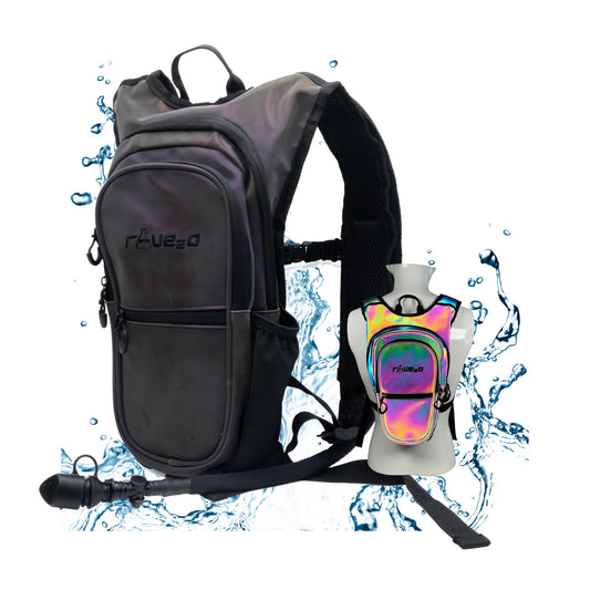 Rave2o Rave Hydration Backpack – Anti-Theft Festival Hydration Pack with 1.5L Leakproof TPU Bladder – Slim, Insulated Water Pack Secret Pockets & Breathable – Raves, Music Festivals, EDC - Prism Black