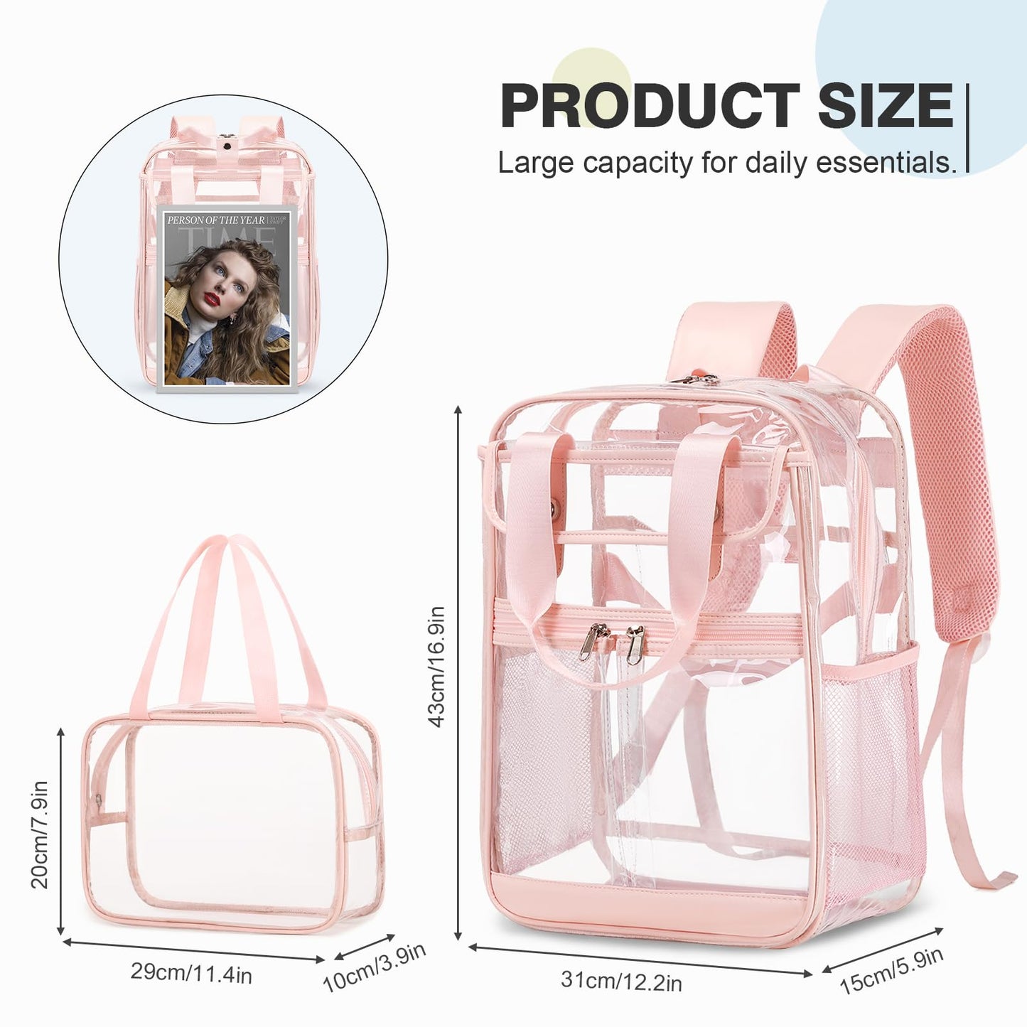 FIXITOK 2PCS Clear Backpack for Women Girls, Heavy Duty Clear Backpack with Clear Tote Bag for Stadium Events, See Through Backpack, Large Transparent Backpack Clear Bookbag for Concert Work Travel
