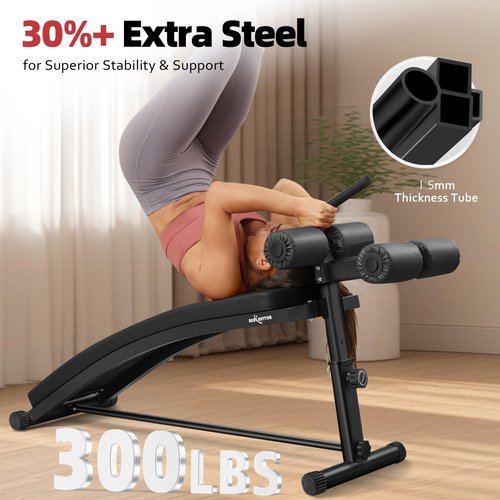 BODY RHYTHM Sit Up Bench with 3 Adjustable Heights and Reverse Crunch Handle, Curved Ab Workout Bench for Home Gym, Adjustable Weight Bench for Core Workouts and Decline Bench Press, Suitable for Individuals Up to 5.9ft Tall. (Black)