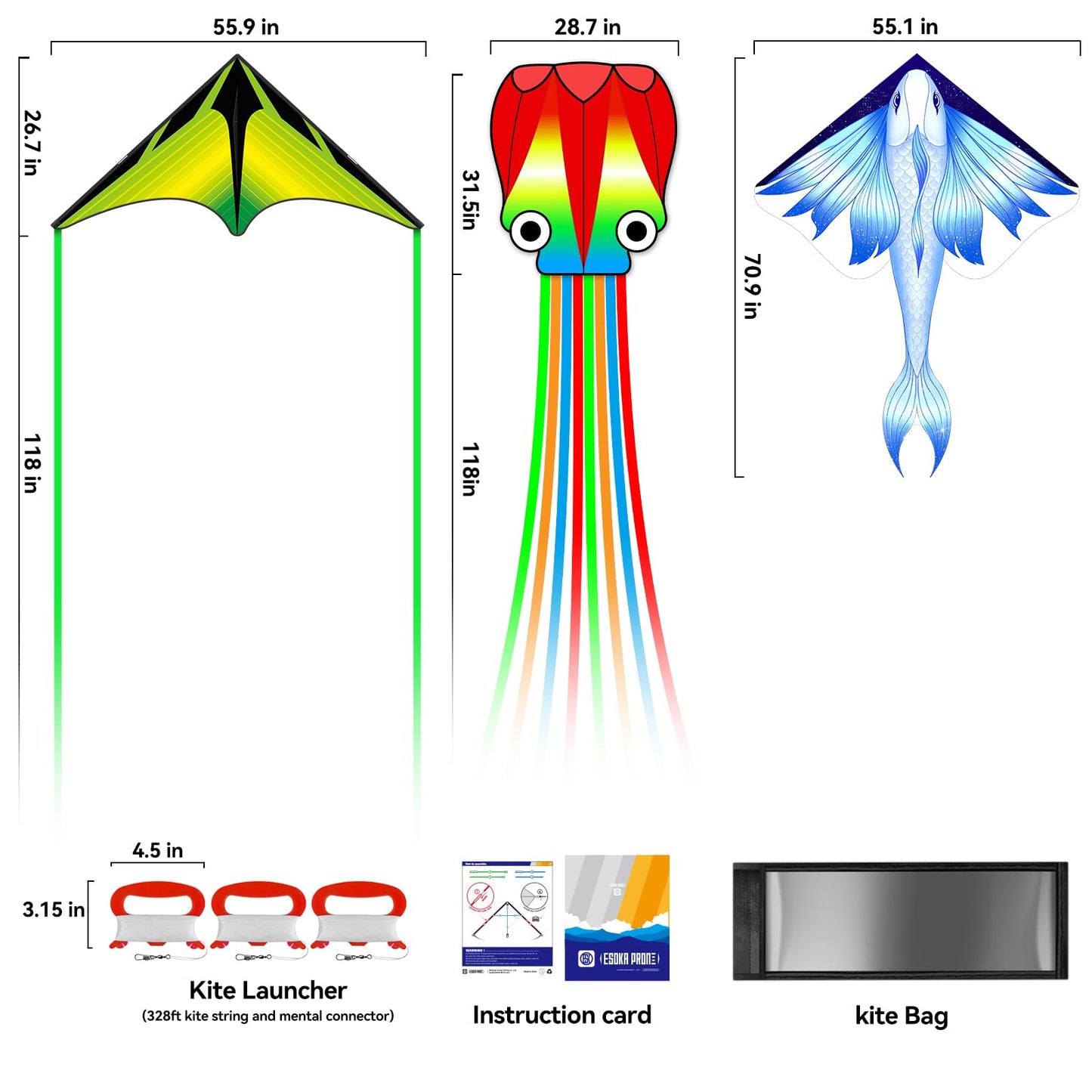 Kites for Adults & Kids Ages 4-8,Beach Kites Easy to Fly for Beginner, with Handle and 328ft Kite String，Best Toy and Gift for Boys & Girls. (Flying Fish+Grassland+Octopus, 3)