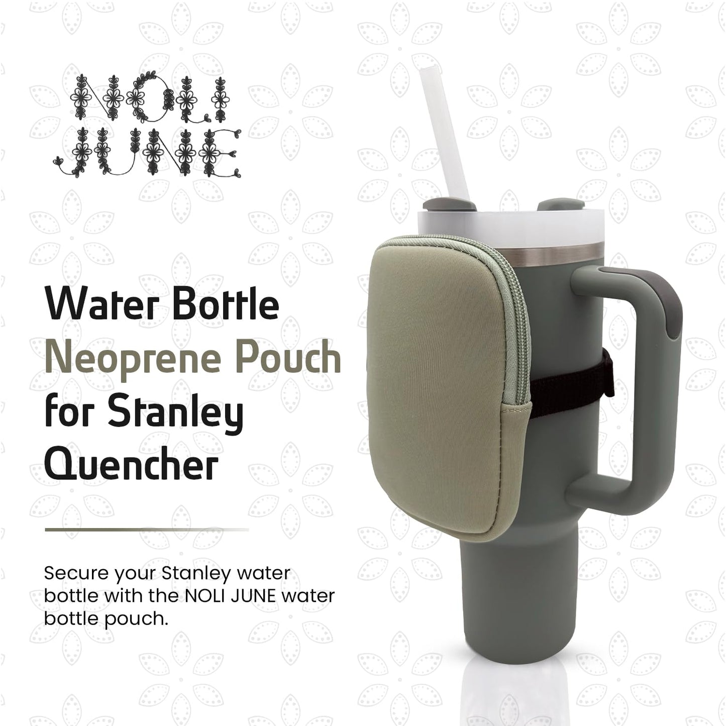 NOLI JUNE - Water Bottle Pouch for Stanley Quencher 18oz to 40oz - Neoprene Pouch with Adjustable Strap - Versatile Tumbler Holder - Eucalyptus