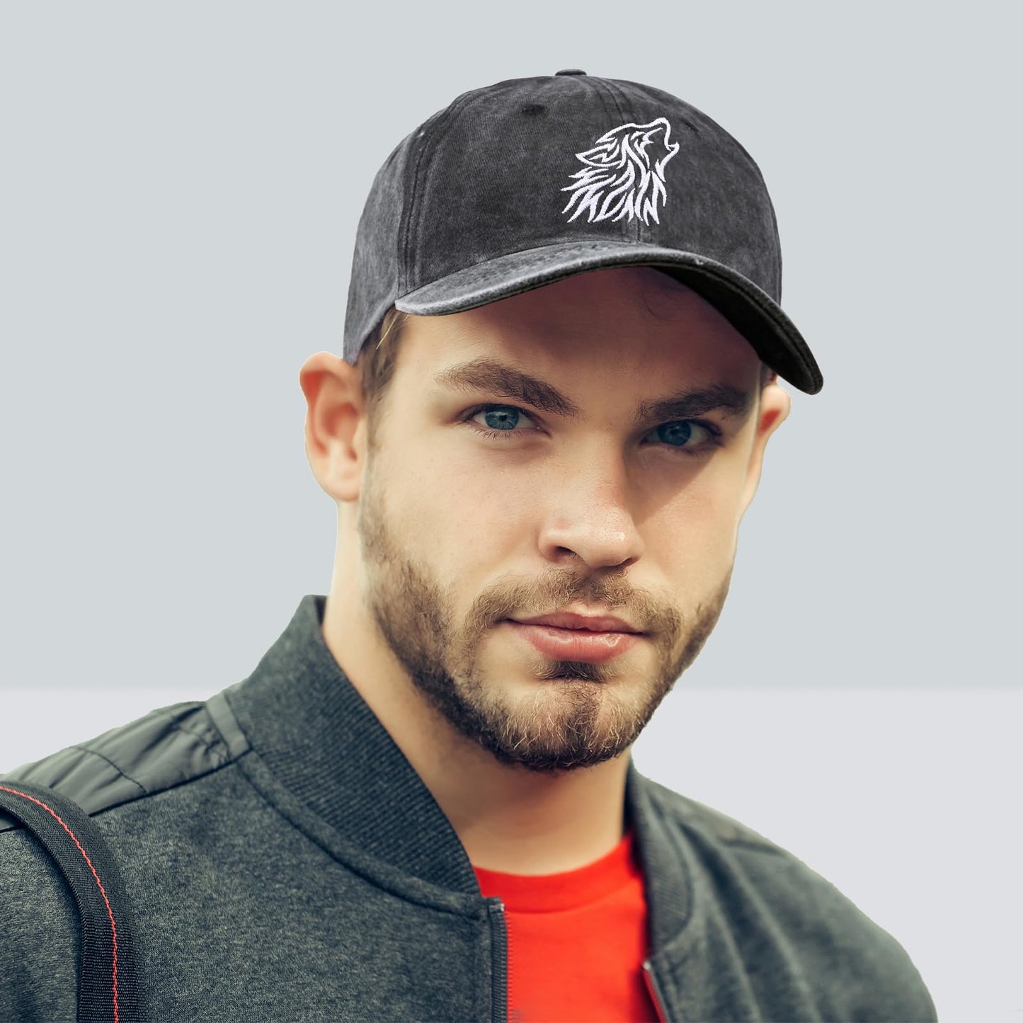 Animal Tribal Wolf Embroidered Baseball Cap for Women Men Vintage Adjustable Washed Distressed Denim Baseball Hat