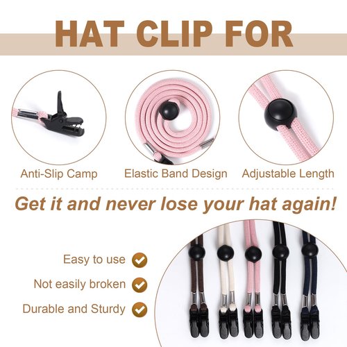 Sucrain 5 Pieces Adjustable Hat Strap Clips Hat Chin Cord for Golfing, Fishing, Boating Black