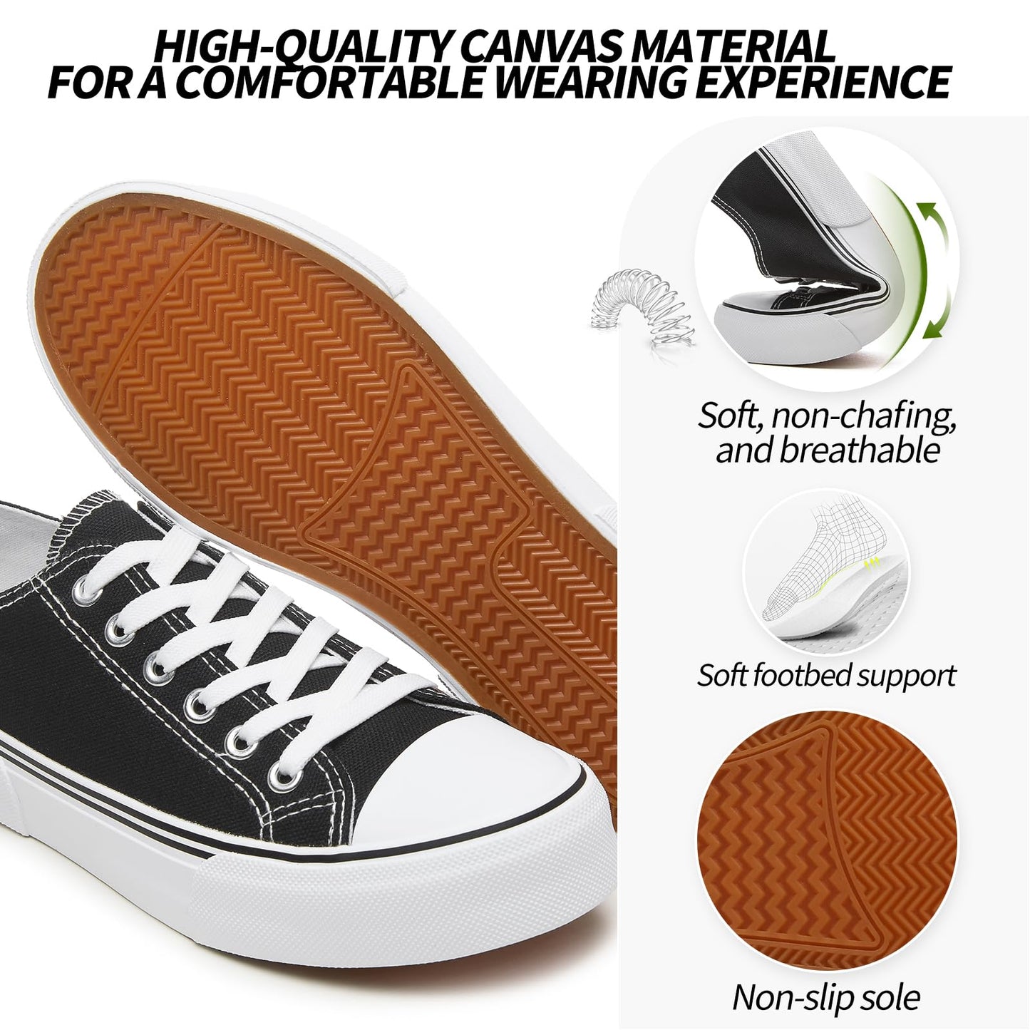 Adokoo Canvas Tennis Shoes for Women Low Top Casual White Black Sneakers for Women Lace Up Fashion Comfortable Walking Shoes (Black,8)