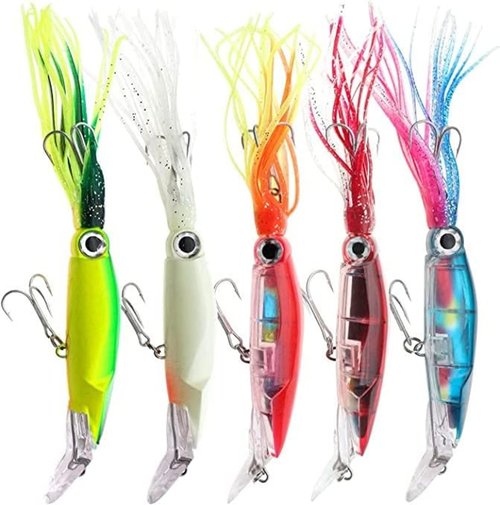 Zsrivk 5pcs Squid Fishing Lures Plastic Luminous Lure with 3D Holographic Eyes, Squid Saltwater Lifelike Hard Baits Kit for Saltwater