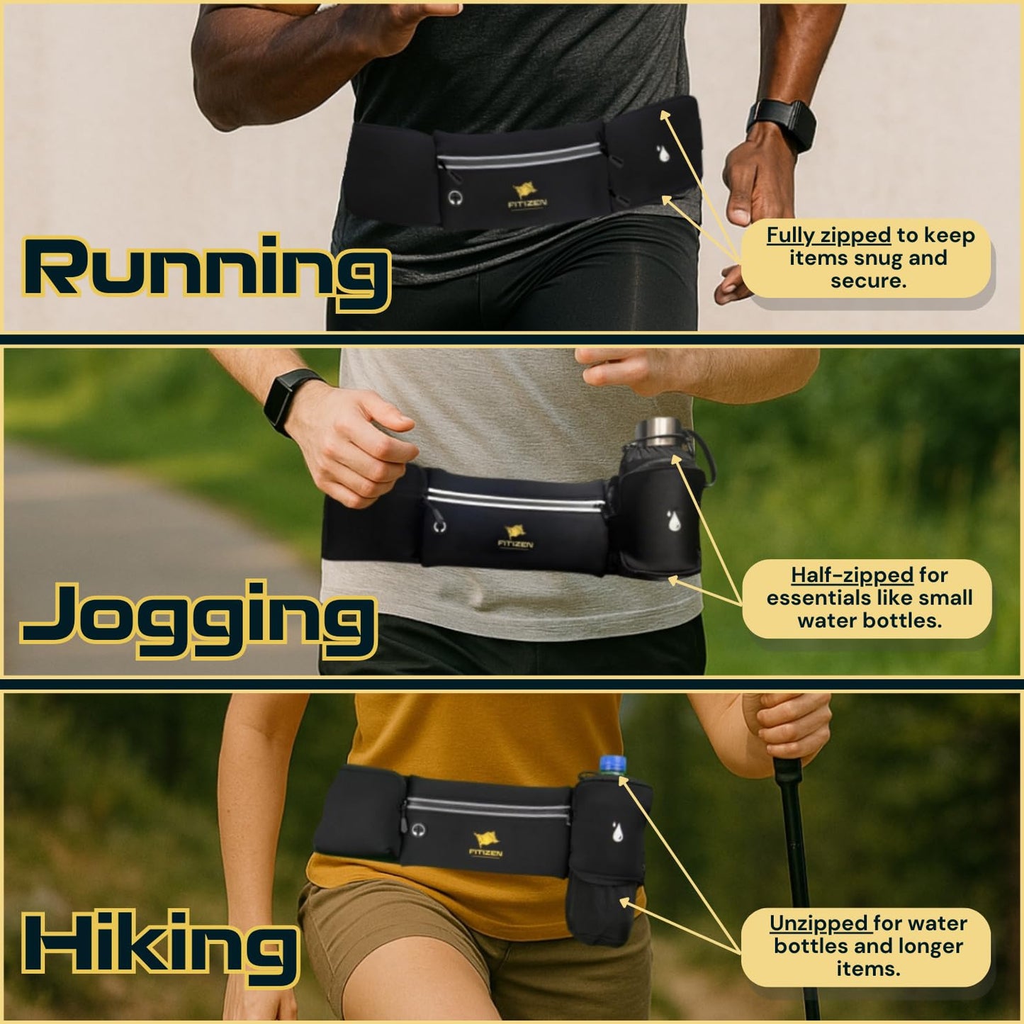 Fitizen Fanny Pack - 3 Pockets - Up To 36 In Waist - Slim Walking Belt For Men & Women Hiking Cycling Workouts Running & Travel - Reflective Pocket & Phone Belt Holder for the Fit Citizen By Fitnation