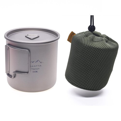 SANTTA Camp Cup MUG with Lid & Pouch, 18.6 oz Ultra Light Titanium Cup with Foldable Handle Camping Mug 550mL