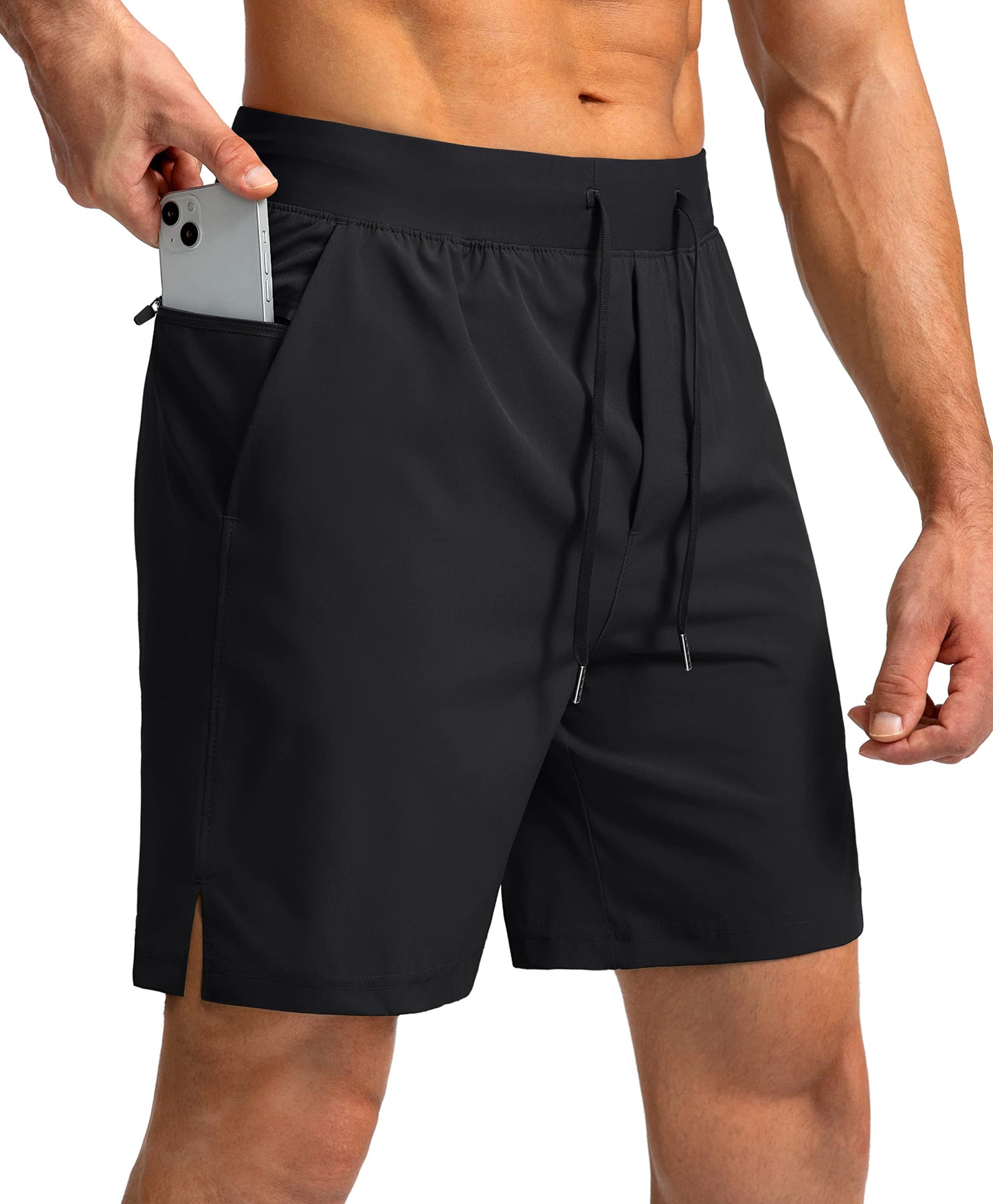 Soothfeel Men's Running Shorts with Zipper Pockets 7 Inch Lightweight Quick Dry Gym Athletic Workout Shorts for Men (Black, L)
