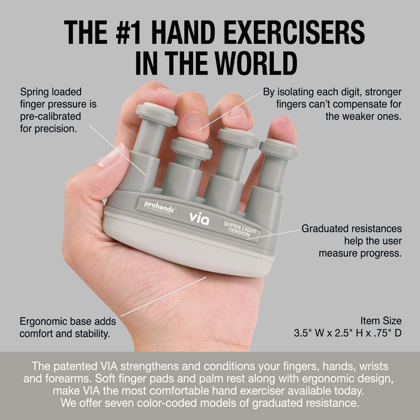 VIA Hand Exerciser, Finger Exerciser (Hand Grip Strengthener), Spring-Loaded, Finger-Piston System, Isolate and Exercise Each Finger