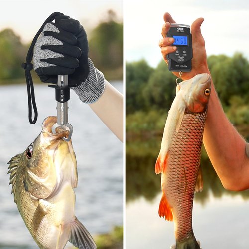 Dr.meter PS01 Fish Scale with Fish Lip Gripper - 110lb/50kg Backlit LCD Display Digital Weight Scale with Built-in Measuring Tape - Stainless Steel Fish Holder Tool Set, Fishing Gifts for Men