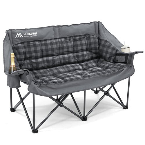 Huskfirm Double Camping Chairs Padded Loveseat Chair for 2 Person - Heavy Duty Oversized Camping Couch for Adults Outdoor Lawn Beach - Portable Folding Sofa with Cup Holders and Carry Bag, Grey