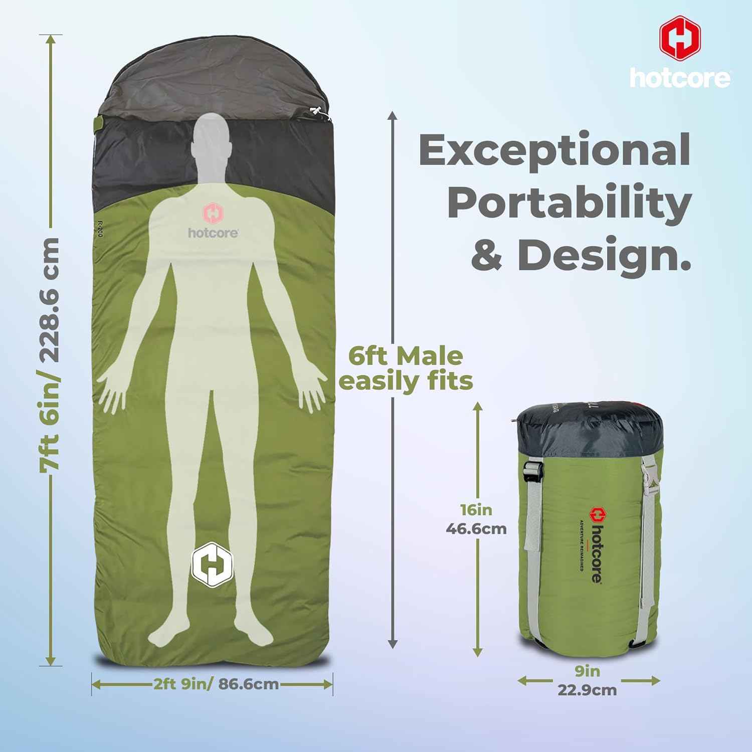 R Series Lightweight Compact Sleeping Bag - Multi-Season, 44°F to -22°F, 90” x 34”