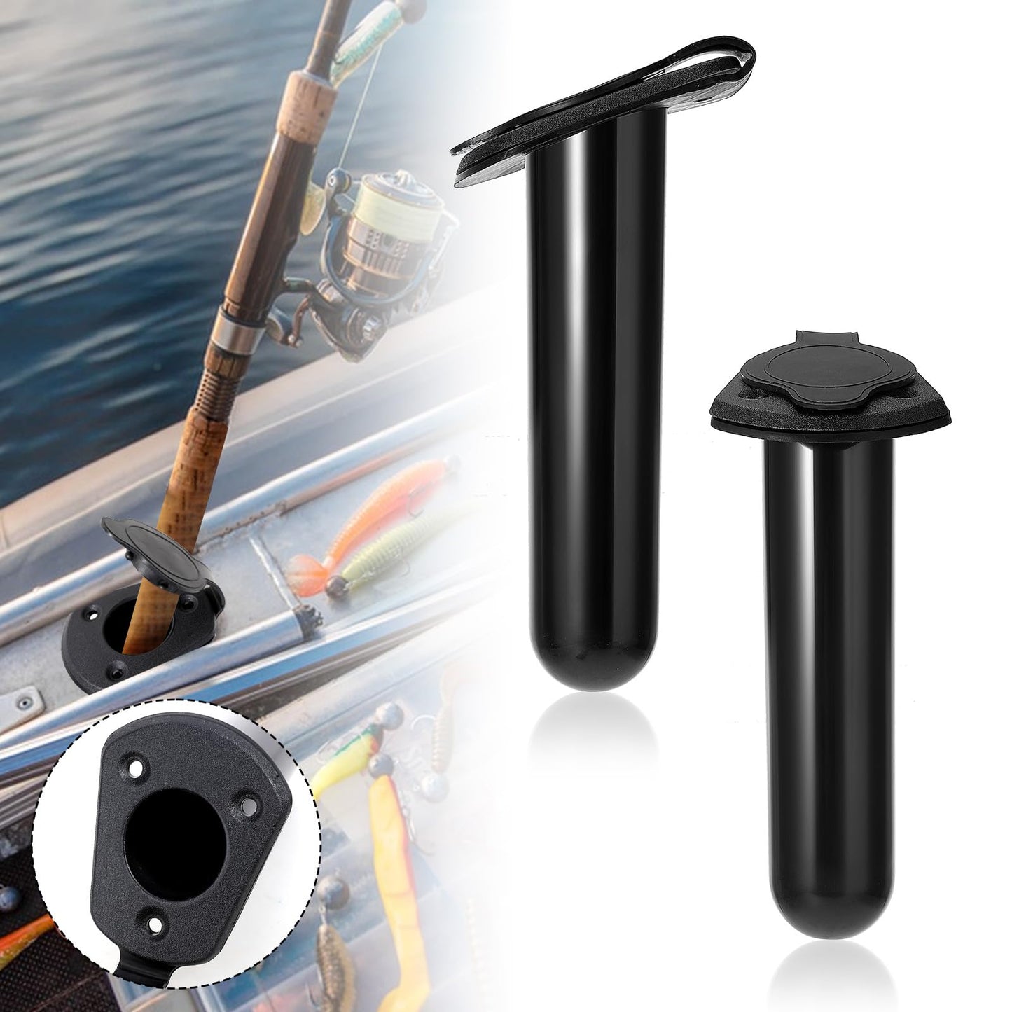 4 Pack of Kayak Deck Plastic Flush Mount Fishing Boat Rod Holders with Cap Cover,Gasket and Mounting Screws- Plastic Fishing Tackle Accessory Tool for Kayak Boat Canoe Pole
