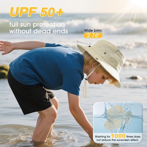 Century Star Outdoor Kids Sun Hat UPF 50+ Quick Dry Adjustable Bucket Hat Windproof Waterproof Beach Fishing Safari Hat Beige 5-13T