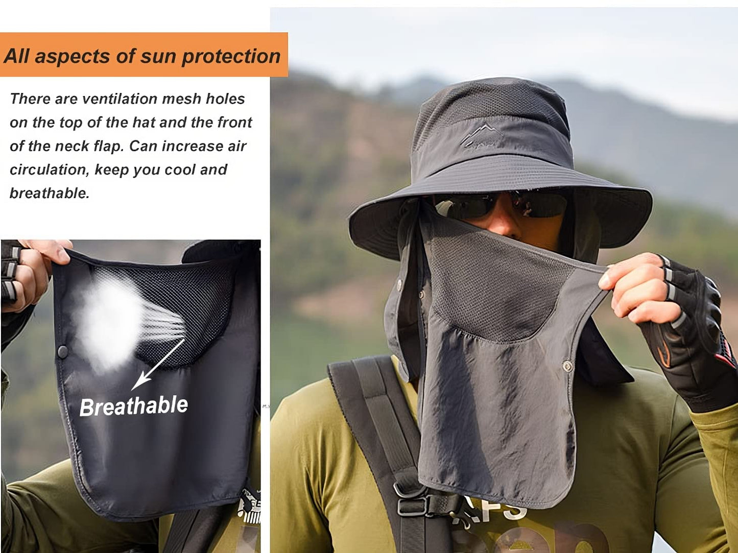 Mens Sun Hat with Neck Flap Quick Dry UV Protection Caps Wide Brim Fishing Hat Summer Beach Hat Outdoor Hiking Hat UPF 50+ Dark Gray