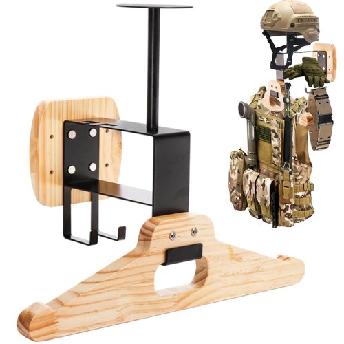 Eorbow Tactical Gear Wall Mount, Wooden Motorcycle Helmet Holder Stand, Heavy Duty Helmet Display Hanger, Multipurpose Jacket Rack for Police, Soccer, Cycling, Skiing Gears, Coats, Vets, Hats, Caps