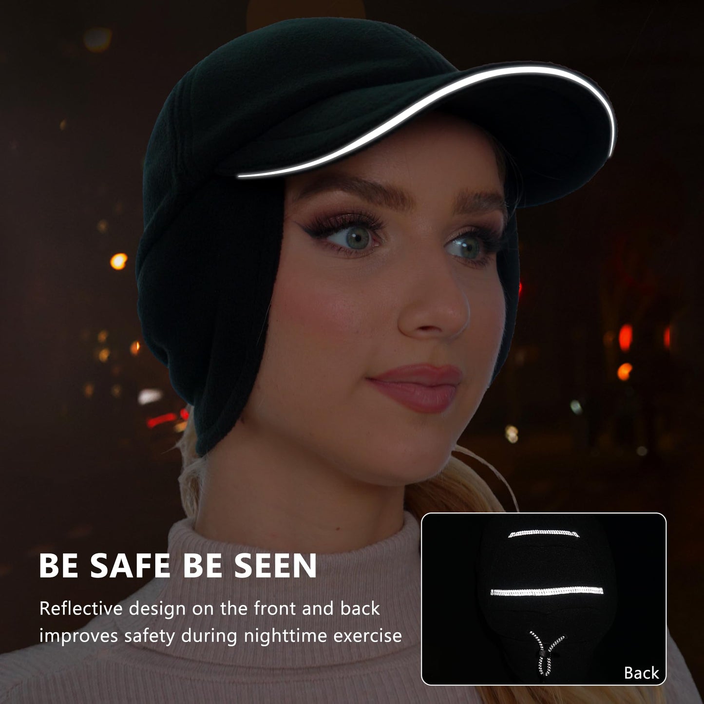 GADIEMKENSD Fleece Winter Hats for Women Reflective Ponytail Hat with Ear Flap Drop Down Ear Warmer Visor Beanie Double Ponytails Hole Baseball Cap for Running Skiing Hiking Dark Grey