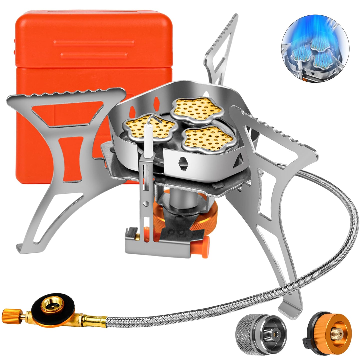6800W Camping Backpacking Stove, Outdoor Portable Burner Cooking Stove with Fuel Canister Adapter, Piezo Ignition, Carry Case, Foldable Windproof Camping Gas Stove for Picnic Hiking
