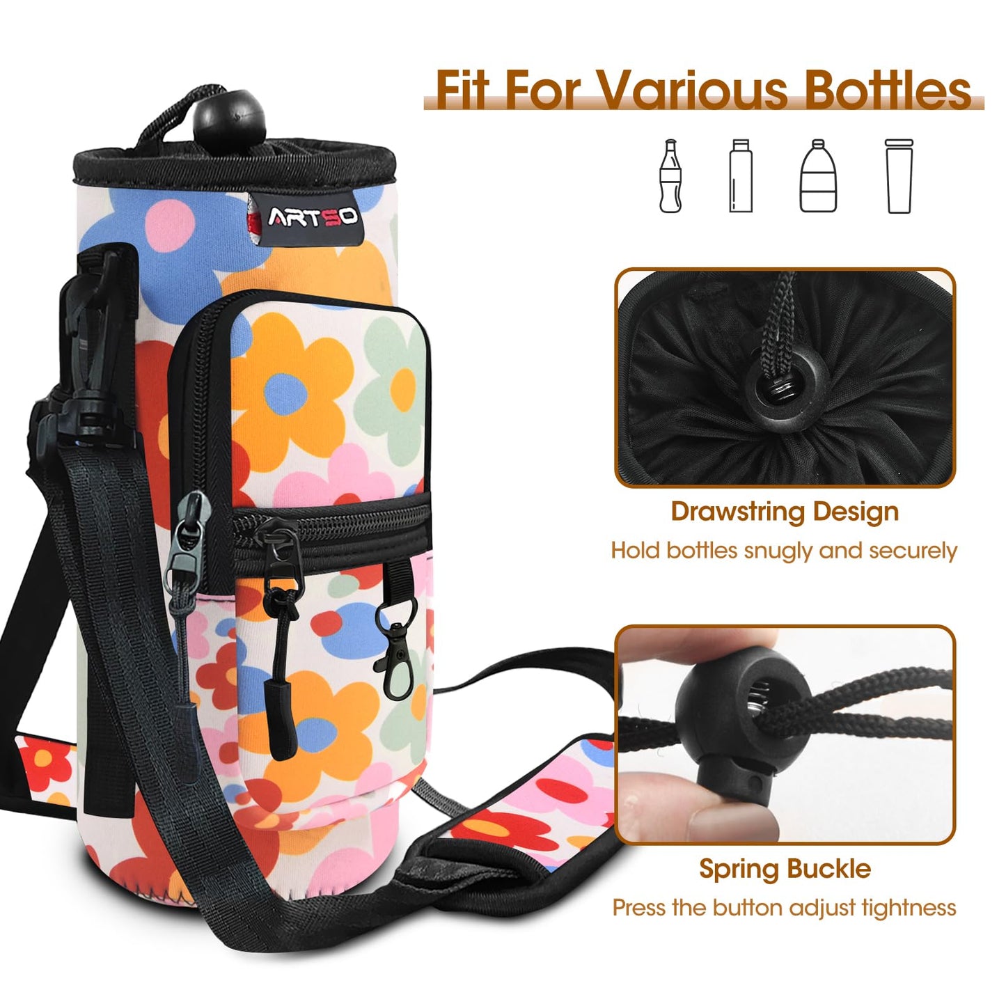 ARTSO Water Bottle Carrier Bag with Phone Pocket, Neoprene Sleeve Water Bottle Holder Sling Bag Pouch with Adjustable Strap 25/32/40/64 oz for Walking Hiking Camping Gym(25oz, Colorful Flowers)