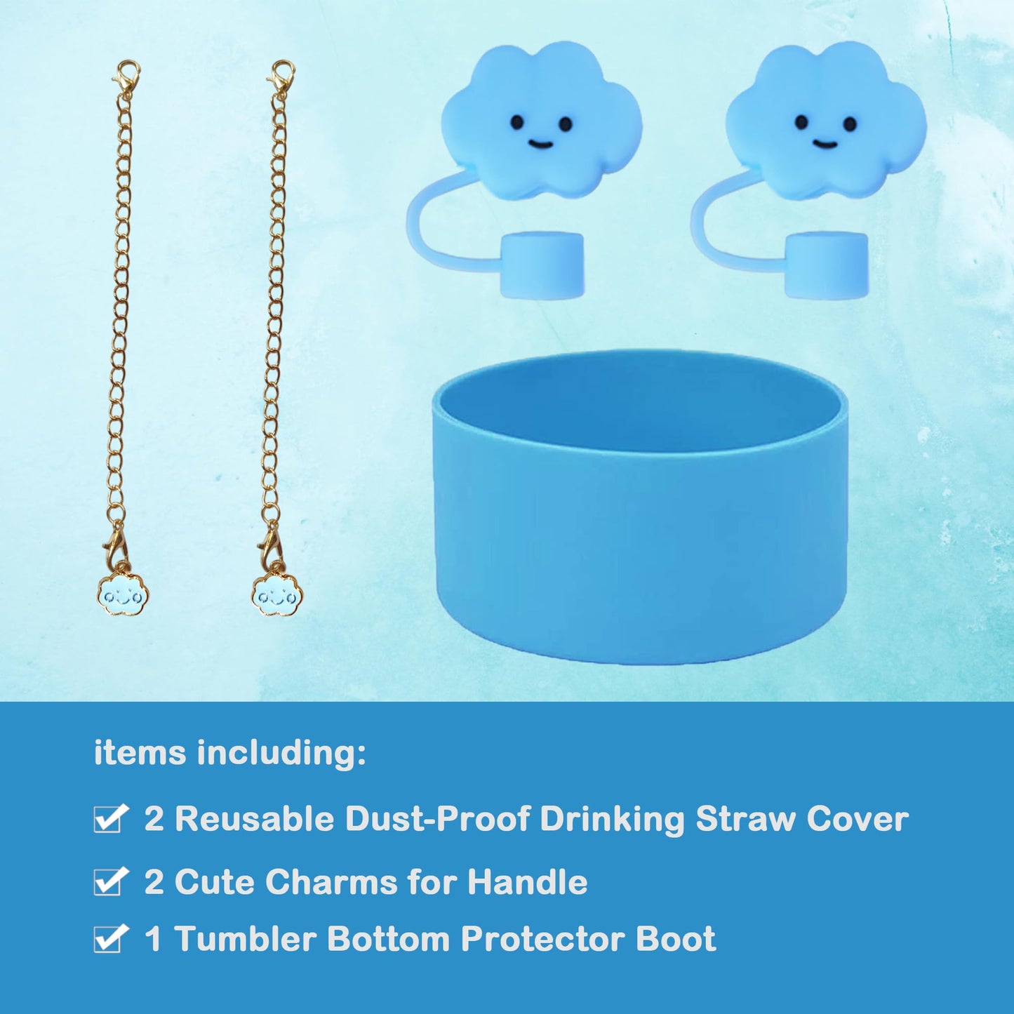 5 PCS Stanley Cup Accessories - Including Water Bottle Silicone Cup Boot for 30/40 oz Tumbler with Handle, 0.4in (10mm) Straw Toppers, Cute Handle Charms (Blue)